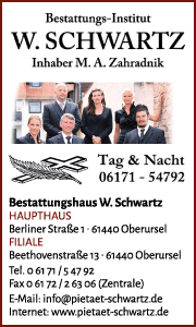 Banner vom Bestattungsinstitut Schwartz in Oberursel mit Kontaktdaten, Bestattungsleistungen und Informationen zur Vorsorge.