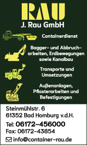 Banner der J. Rau GmbH in Bad Homburg mit Kontaktdaten, Leistungen für Containerdienst, Entsorgung und Serviceinformationen.