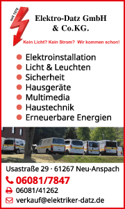 Banner von Elektro-Datz in Neu-Anspach mit Kontaktdaten und Informationen zu Elektroinstallation, moderner Geb&auml;udetechnik und weiteren Elektroleistungen.
