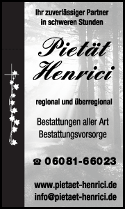 Banner der Pietät Henrici in Usingen mit Kontaktdaten, Bestattungsleistungen, Bestattungsvorsorge und Informationen zu verschiedenen Bestattungsarten