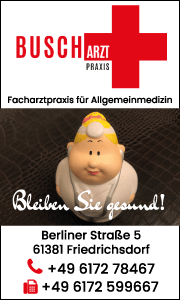Banner der Arztpraxis Busch in Friedrichsdorf mit Kontaktdaten, Öffnungszeiten und Übersicht medizinischer Leistungen für Patienten