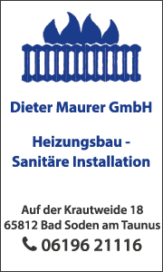 Banner der Dieter Maurer GmbH in Bad Soden zeigt Heizungs- und Sanitärleistungen, Fachberatung und zuverlässigen Service für Kunden.