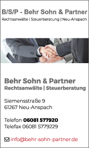 Banner der Kanzlei Behr Sohn und Partner in Neu-Anspach mit Kontaktdaten, Leistungen im Strafrecht und klaren Informationen zur anwaltlichen Beratung