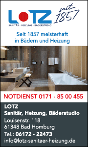 Banner zeigt Kontaktdaten und Services der Lotz GmbH in Bad Homburg für Heizung, Wärmepumpen und Haustechnik.